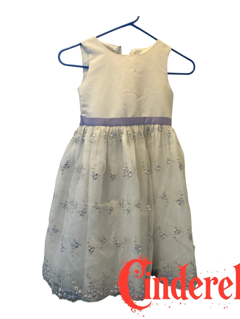 Cinderella Ivory Dress with Lavender Waistband and Floral Embroidery